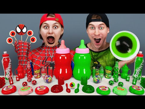 ASMR MUKBANG Color food challenge for Superheroes 레드 그린 푸드 챌린지 Red vs Green dessert by VikiNiki