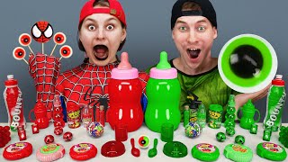 ASMR MUKBANG Color food challenge for Superheroes 레드 그린 푸드 챌린지 Red vs Green dessert by VikiNiki