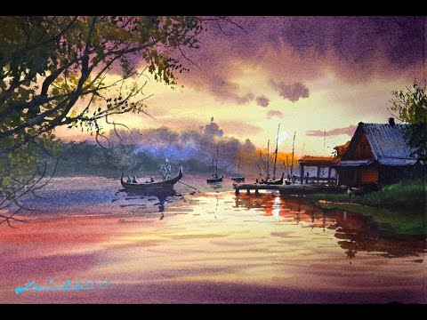 Watercolour painting tutorial : Sunset Scene