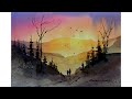 Watercolor  Sunset Landscape Painting