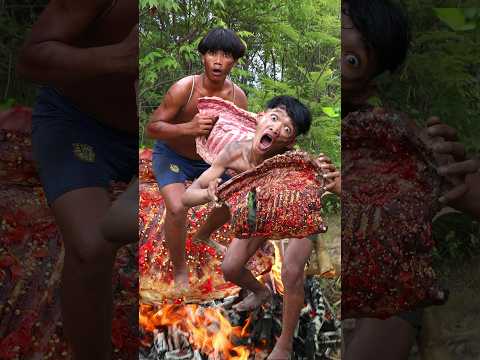 Survival Skills: Fire-Grilled Beef Ribs & Feast | Primitive Boy's Rainforest Guide!