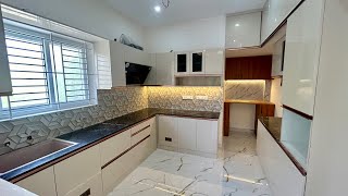 Glossy Finish Modular Kitchen Design 🔥 with Dining Space & Store Room