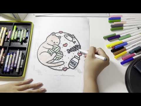 Coloring a Cute Cat with Milk and Fish – Fun and Relaxing Art