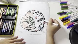 Coloring a Cute Cat with Milk and Fish – Fun and Relaxing Art