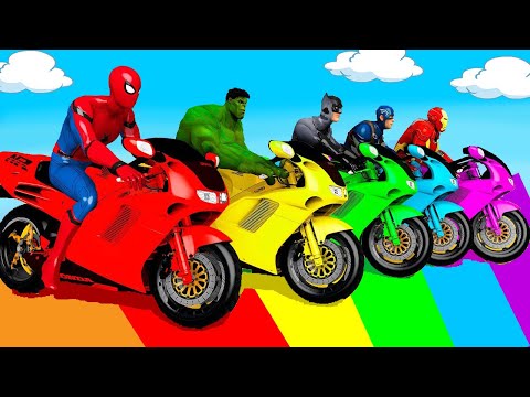 الأبطال الخارقين على القضبان دوامة قمع جسر 🏍️🐱SPIDER MAN!on Motorcycle in Spiral Bridge Stunt Rid