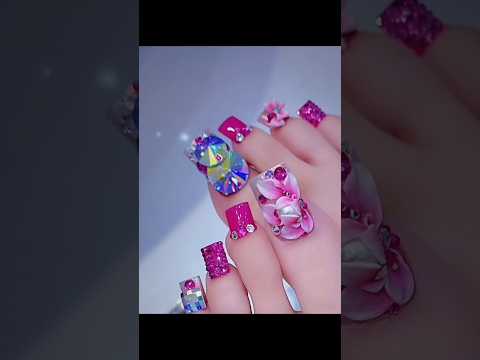 Set Nail Chân Hồng Đính Đá & Hoa 3D Siêu Sang ✨ | Glamorous Pink 3D Flower Toe Nails / #short