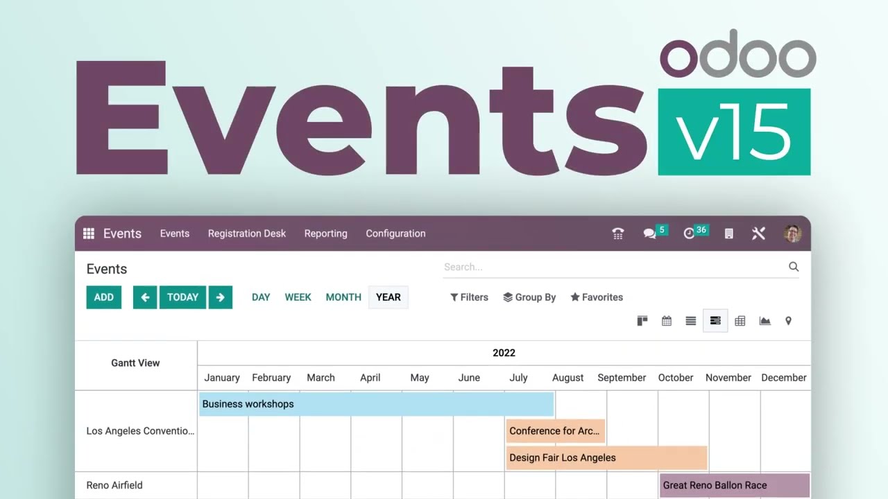 Events Tour Video - Odoo v15 | 9/9/2022

An all-in-one event management platform capable of handling events of any type or scale. Odoo Events covers all aspects of an ...