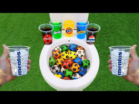 Football VS Popular Sodas !!! Sprite, Coca Cola, Fanta, Pepsi, Schweppes and Mentos in the toilet