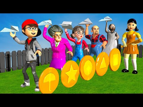 Scary Teacher 3D vs Squid Game Challenge Paper Plane vs Orange Candy Shape Miss T vs Granny Loser