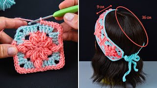 How to Crochet Granny Square Bobble Drops Flower Headband Miarti🧶