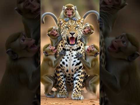 A leopard shocked by many monkeys around him #shortsfeed #shortvideo #animals #wildlife