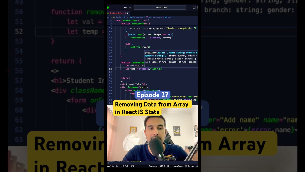 ReactJS State me Array se Element remove kaise kre? #reactjstutorial