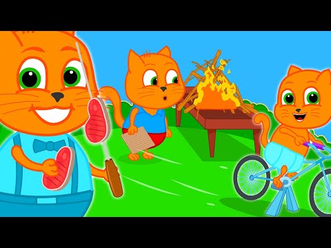 Cats Family in English - STEAK À LA CHARCOAL 🥩🔥 Cartoon for Kids 4K