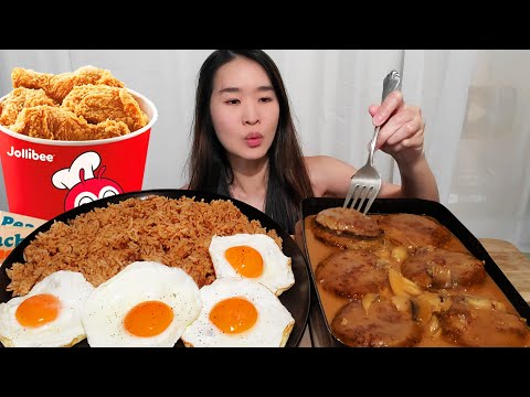 Jollibee's Burger Steak Smothered In Gravy & Adobo Rice with Fried Eggs! Filipino Food Mukbang ASMR