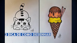 2 truques e técnicas simples de desenho/como desenhar um Gato e um Sorvete / Iniciantes