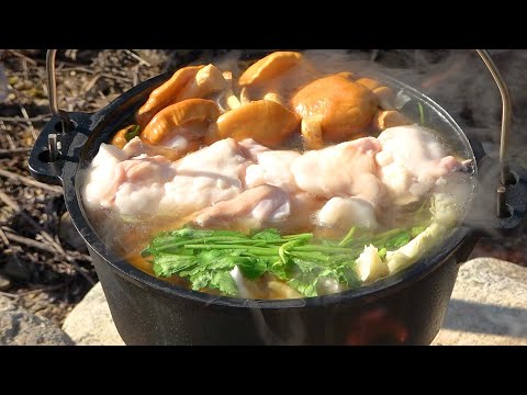 大自然で最高の空気の中でもつ鍋作ってみた