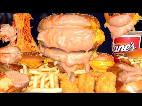 ASMR MUKBANG EXTRA CANES SAUCE MCDONALDS BIG MAC BURGERS CHEESY BULDAK CHICKEN & FRIES | WITH CHEESE