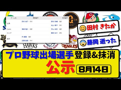 【公示】プロ野球 出場選手登録＆抹消 公示8月14日発表｜広島野村&松山 横浜京山 ロッテ藤岡ら抹消|広島田村 横浜宮城 楽天武藤ら登録【最新・まとめ・反応集・なんJ・2ch】