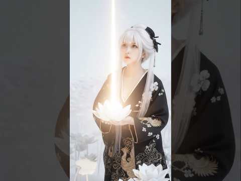 着物女性が蓮の花畑で光る花を見つけ天に光が昇る