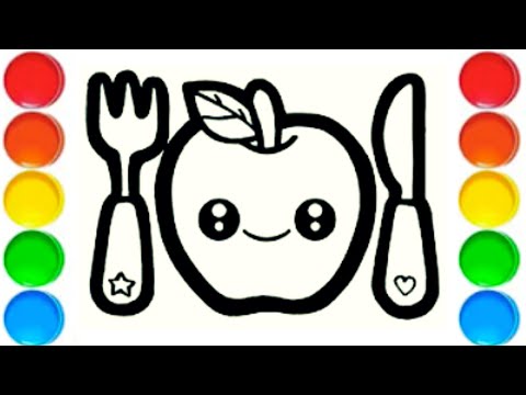 Apple Fork Knife Drawing Painting And Colouring For Kids And Toddlers | How To Draw Apple Fork Knife