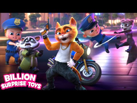 Baby Police Chase Mischievous Raccoons and a Sly Cat!