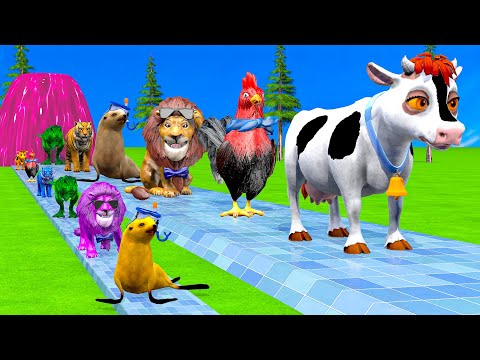 Paint & Animals Cow,Monkey,Pig,Rabbit,Lion,Elephant Fountain Crossing Transformation Animal Cartoon