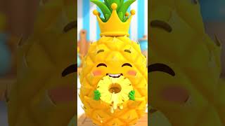 close up of a golden pineapple with a spiky crown and cheerful face, eating pineapple rings with tin