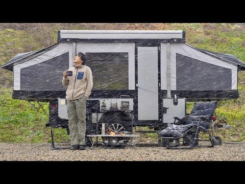 RAIN and SNOW Camping in $9,900 FULL-AUTOMATIC Tent Trailer