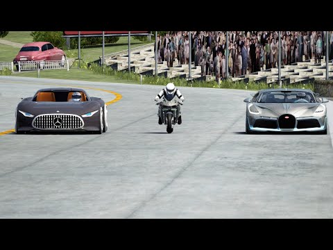 Kawasaki Ninja H2R Supercharged vs Bugatti Divo vs Mercedes-Benz Vision GT at Old SPA