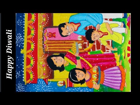 How to draw and colour easy Diwali Drawing/Diwali celebration drawing for beginners