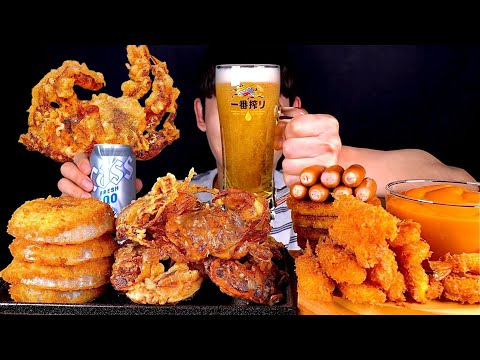 ASMR 껍질까지 먹는 소프트쉘크랩튀김🦀어니언링 뽀득소세지 해쉬브라운 먹방~!! Beer With Fried Crab Onion Ring Hash Brown MuKBang~!!