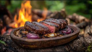 🥩 Rump Steak & Caramelized Onions 🔥 Bushcraft Cooking Feast 🌲