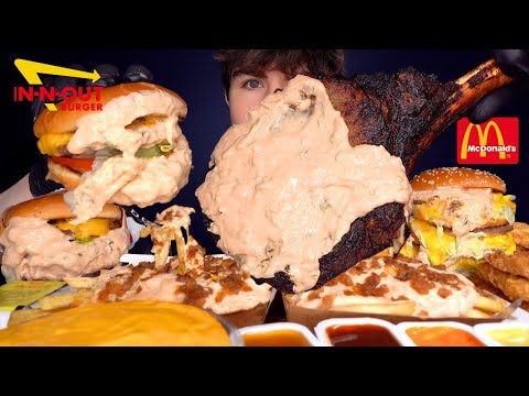 ASMR MUKBANG ANIMAL STYLE IN-N-OUT BURGERS TOMAHAWK STEAK & MCDONALDS FRIES | WITH CHEESE
