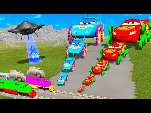 Big & Small: Mcqueen with Spinner Wheels vs King Dinoco with Saw Wheels vs Trains - BeamNG.drive