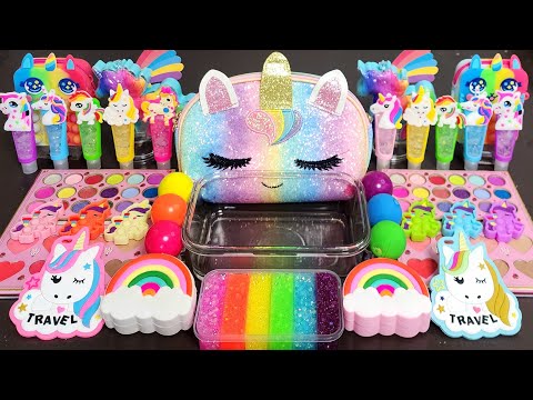 ASMR UNICORN RAINBOW Slime Mixing Makeup,Parts, Glitter Into Slime!#ASMR#satisfying#slime