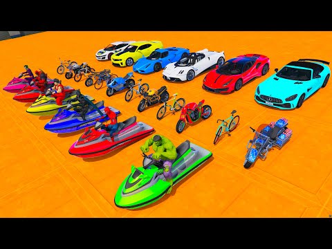 Spiderman & Super Heroes Race In Mega Ramps By Mack Trucks & Sea Bikes Super Cars