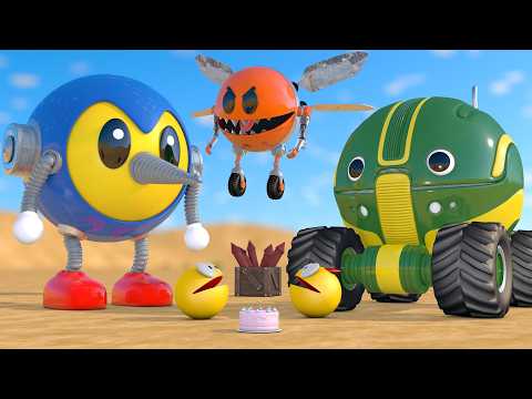 Pacman &  Pinocchio Bot vs Tractor Robot & BuzzBot Fly Robot Pacman