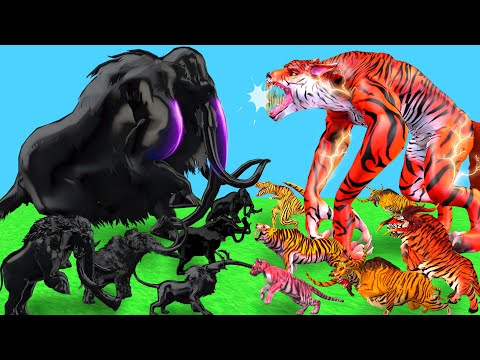 10 Giant Mammoth Elephant Bull vs 10 Giant Tiger Wolf vs Hybrid Dinosaur Saved By Shadow Animals