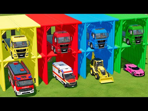 Garage of COLORS ! AMBULANCE CARS FIRE TRUCKS LOADERS SPOR CARS TRANSPORT ! Farming Simulator 22