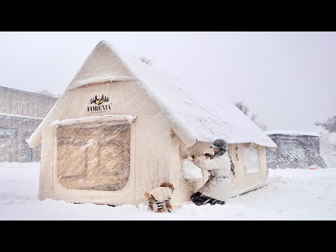 -15°C 한파와 폭설 속 ❄️ 고드름이 주렁주렁 얼어붙은 초대형 에어텐트에서 강아지와 함께한 겨울 모험 | 캠핑ASMR