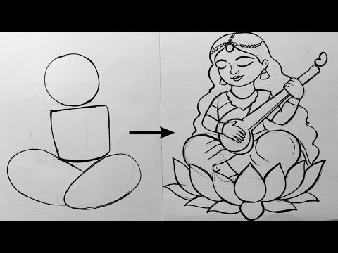 how to draw maa saraswati ful figer easy line art drawing,saraswati thakur drawing step by step,