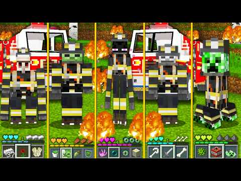 Minecraft MOBS HAVE BECOME FIREFIGHTER HOW to play ZOMBIE ENDERMAN CREEPER SKELETON GOLEM BATTLE