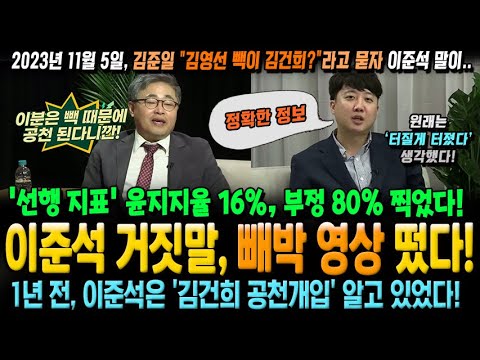 이준석 거짓말, 빼박 영상 떴다! 1년 전, 김준일 "김영선 빽이 김건희?" 묻자 이준석 "정확한 정보" 선행지표 윤지지율 16%, 부정 80% 찍었다!