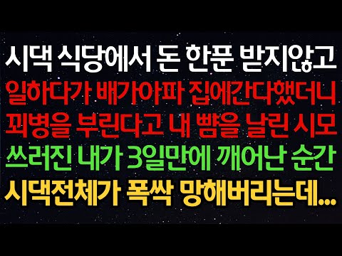 실화사연-시댁 식당에서 돈 한푼 받지않고일하다가 배가아파 집에간다했더니꾀병을 부린다고 내 뺨을 날린 시모쓰러진 내가 3일만에 깨어난 순간시댁전체가 폭싹 망해버리는데...