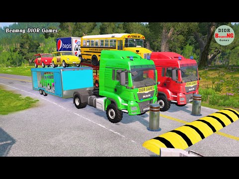 Double Flatbed Trailer Truck vs speed bumps|Busses vs speed bumps|Beamng Drive|1051