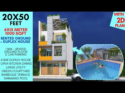 20x50 Feet Singlex + Duplex House Design + Swimming Pool. A Practical Design Solution | ID-230