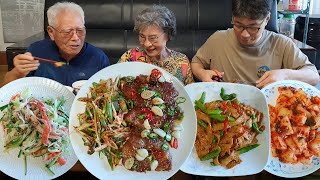 든든한 한끼~! 돼지목살 간장조림 먹방 (오이 맛살 냉채, 참외깍두기, 꽈리고추 어묵볶음, 파채무침) A Hearty Korean Meal with Braised Pork Neck