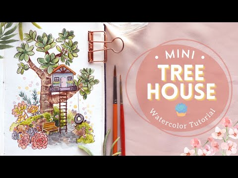 Mini Tree House in Succulent Garden: Watercolor Tutorial