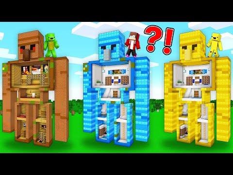 JJ RICH vs Mikey POOR vs Banana Kid GOLD : GOLEM STATUE Base Battle in Minecraft Maizen!