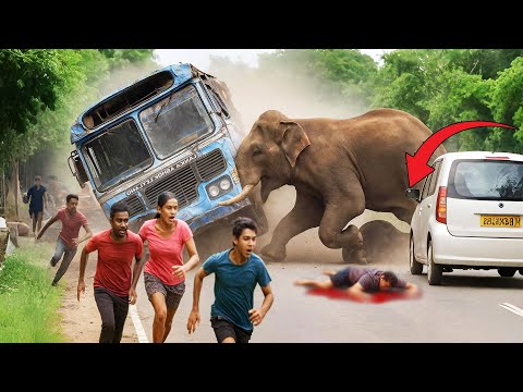 Wild Elephant Blocks Bus on Sri Lankan Highway – Traffic Comes to a Standstill#elephantattack